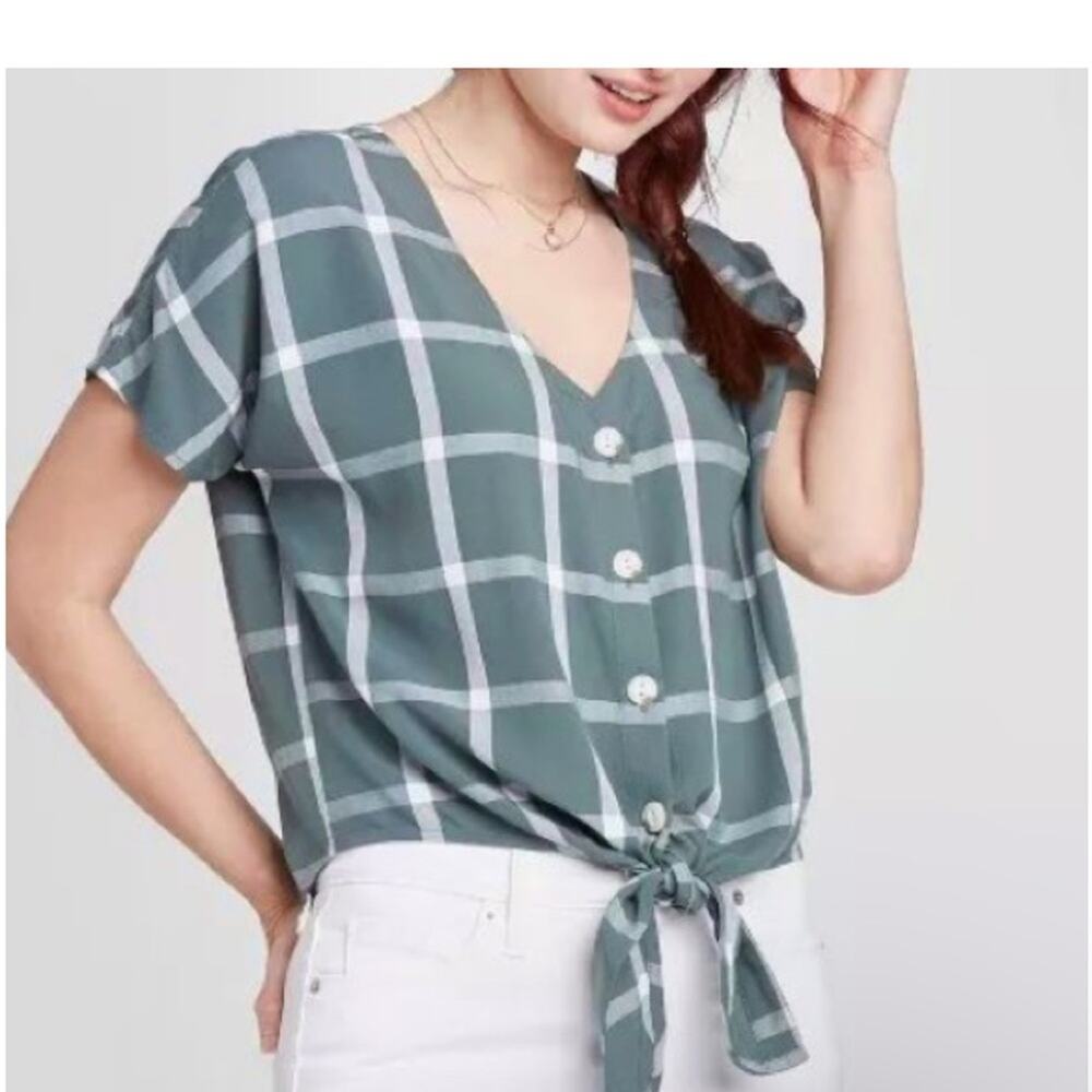 Universal Threads Plaid Boxy Button Front Tie Up Cropped Green White Picnic T14